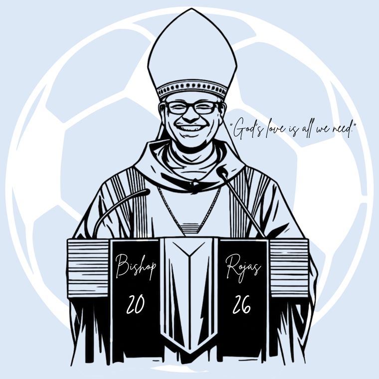Illustration of Bishop Rojas smiling at a podium with the words “God’s love is all we need.”